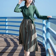 批发2026年春装新款棉麻<b class='q'>连衣裙</b>长袖遮肚子拼接显瘦减龄裙子女