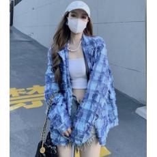 批发流苏编织法式格子众气质长袖<b class='q'>衬衫</b>春季设计感撞色格子复古外套女