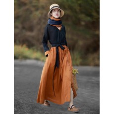 批发非实拍民族风棉麻<b class='q'>连衣裙</b>2026春秋款文艺复古拼接V领显瘦气质长裙