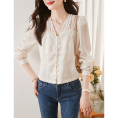 批发浮雕感新中式提花雪纺衬衫女2026春装透气白色绝美小衫V领上衣