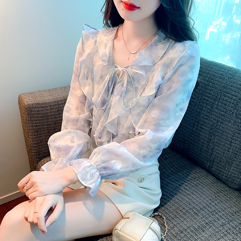 프랑스식 고유 한 Chic 작은 맨위 V넥 프릴 쉬폰 블라우스 2026 가을 의상 꽃무늬 셔츠 디자인 센스 작은 대중