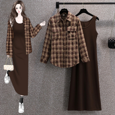 批发实拍<b class='q'>秋</b>装新款大码女装气质背心连衣裙+格子衬衣套装