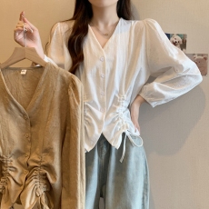 批发秋装实拍大码女装修身显瘦设计感V领抽绳长袖衬衣