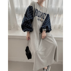 批发已出货 韩国东大门春季新款个性拼接灯笼袖字母印花连衣裙女