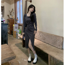 批发官图#230克高弹条御姐风修身<b class='q'>连衣</b>裙开叉裙子紧身长袖包臀裙