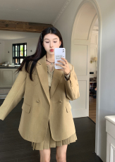 实拍~大码女装学院风刺绣西装百褶裙小V领打底衫套装