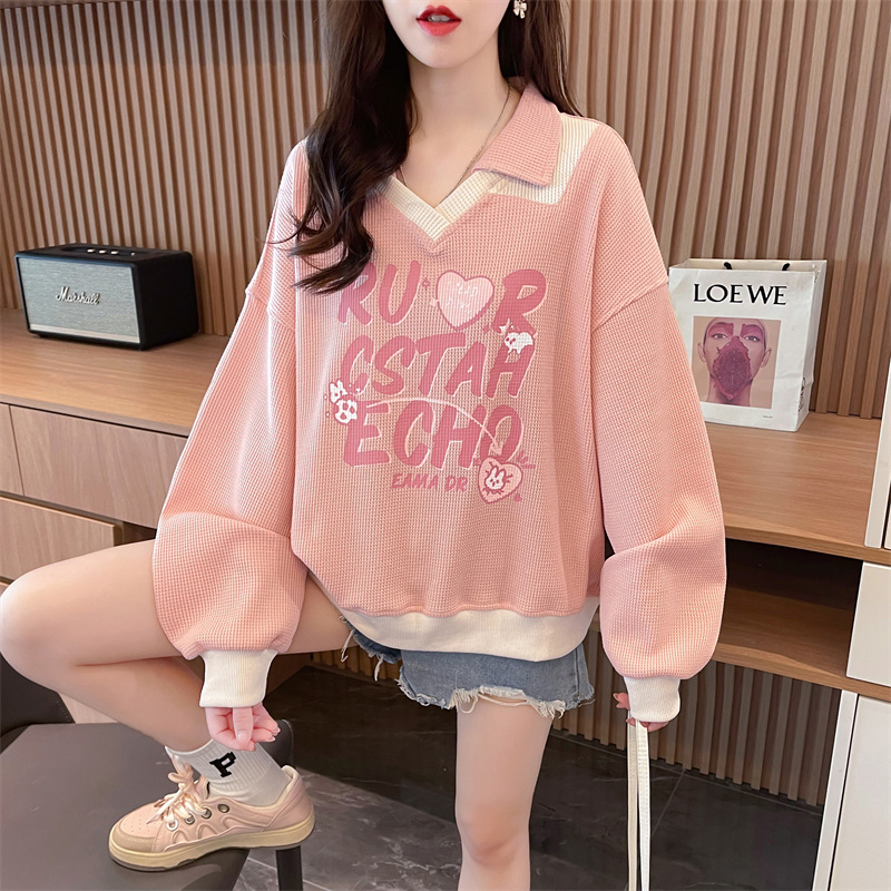 실사 260 그램 후아 남편 그리드 cvc350 그램 리브 공 기계 얇은 스타일 배색 자수 op 칼라 후드티 여성 트렌디