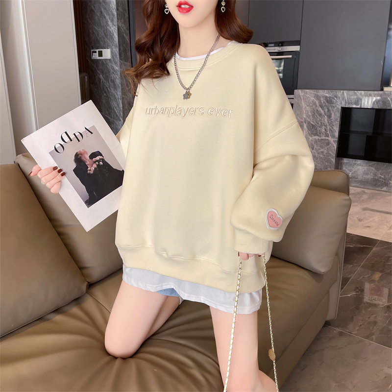 First real shot of fish scale back bag collar sweatshirt for women fake two-piece thin style new spring and autumn large size loose top