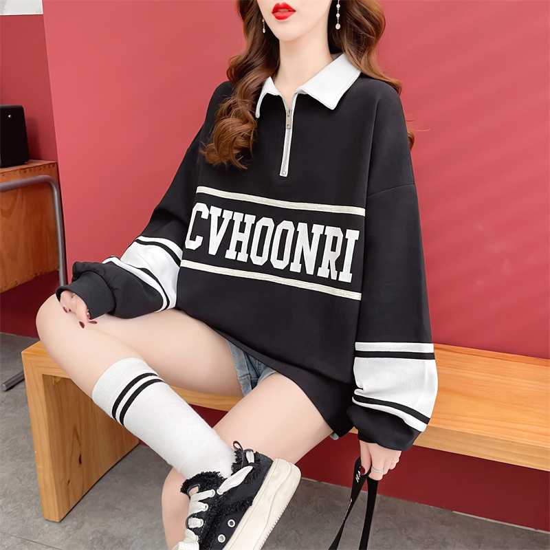 First real shot of fish scale back bag collar sweatshirt for women new spring and autumn large size stitching POLO collar loose top