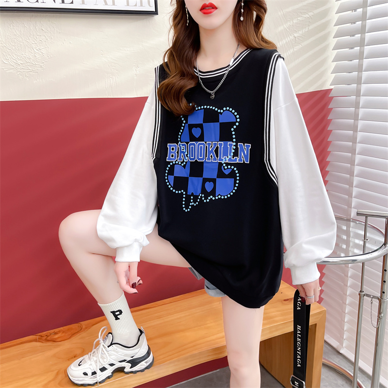 First real shot of fish scale back bag collar sweatshirt for women new spring and autumn large size fake two-piece Japanese and Korean loose top