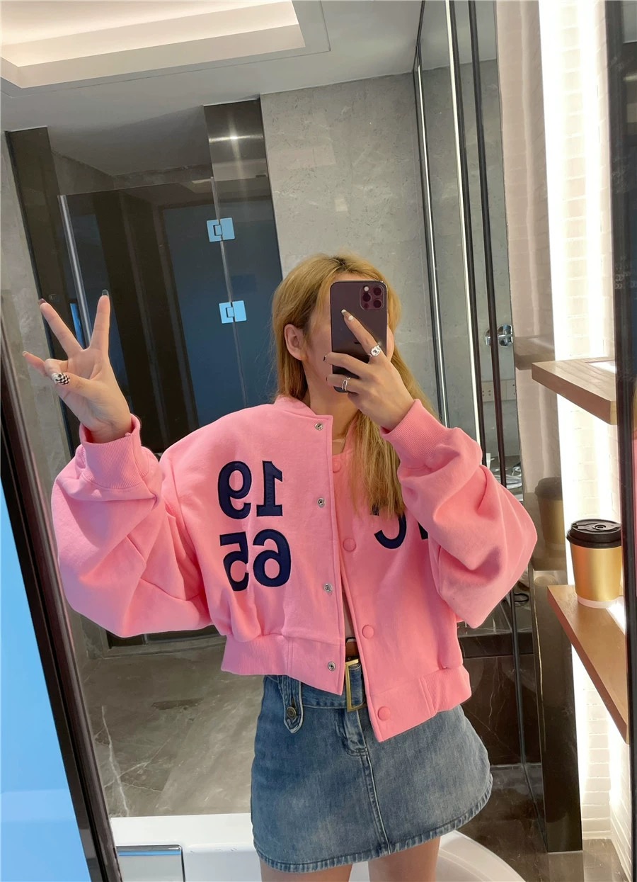 Zoe Korea Purchasing Agency Spring Pink Embroidered Letter Button Jacket Stand Collar Versatile Sweatshirt Jacket Women