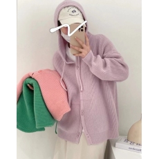 批发<b class='q'>韩版</b>宽松慵懒风连帽针织衫女秋季柔糯质感单排扣<b class='q'>长袖</b>针织开衫外套