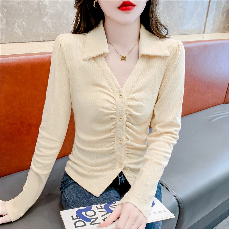 MY13485# 新款复古翻领褶皱收腰显瘦百搭秋款纯欲开衫辣妹女裝貨源服裝批發