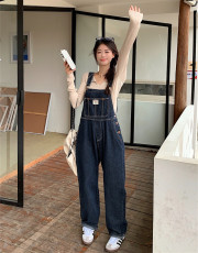 2023夏季盐系背带裤小个子高腰直筒宽松减龄连体牛仔阔腿裤女