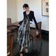 批发超火水墨复古国风吊带<b class='q'>连衣裙</b>女装秋季新款小众新中式中长A字裙子
