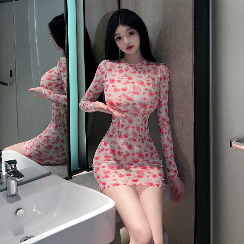 Real shot~Floral see-through mesh long-sleeved sexy hottie wears a tight-fitting butt-covering dress for women in early autumn