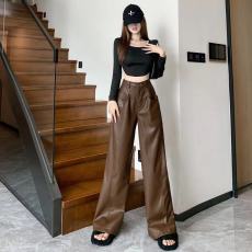 批发复古宽松棕色皮裤女2023秋季新款美式高腰显瘦阔腿直筒休闲拖地裤