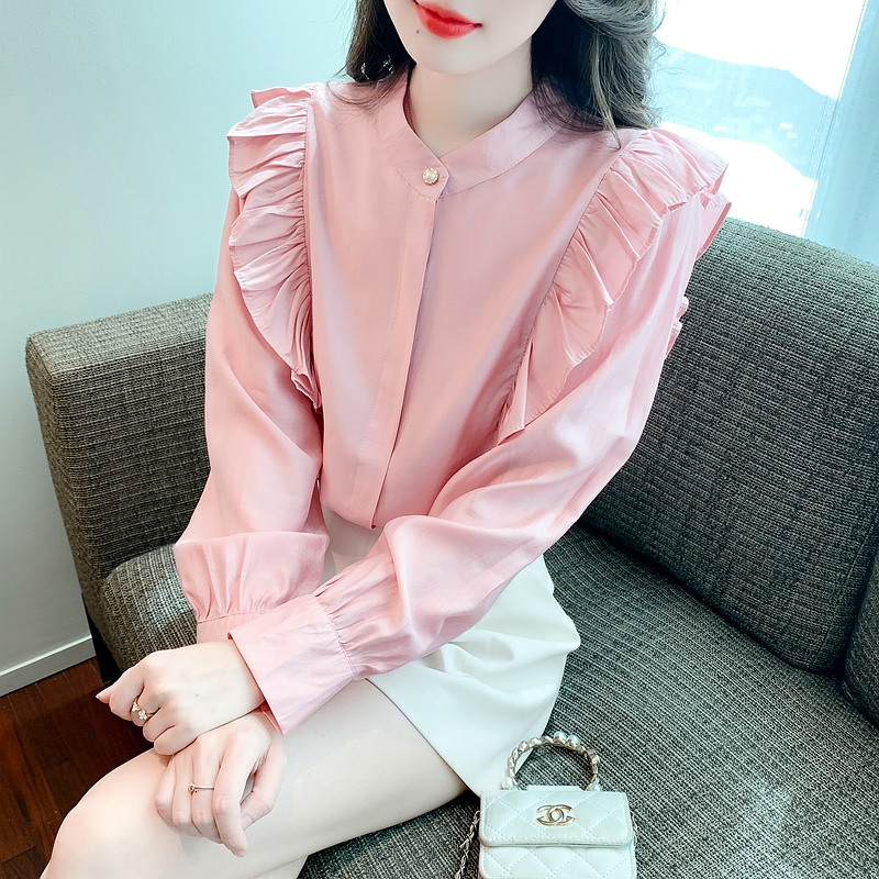 프랑스식 핑크색 프릴 주간 실크 긴팔 여성 셔츠 봄 디자인 센스 작은 대중 스탠드 칼라 레트로 쉬폰 블라우스 맨위