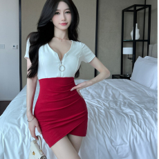 夏季新款辣妹纯欲性感v领低胸拉链修身拼色短袖不规则包臀连衣裙