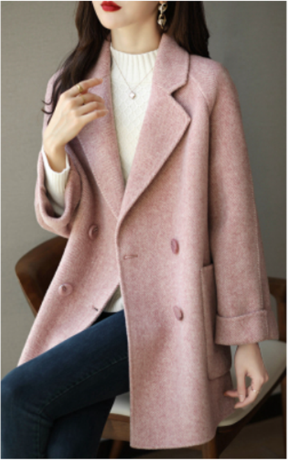 MY16829# 人字纹双面羊毛呢子外套新款小个子双面绒大衣女中长款女裝貨...