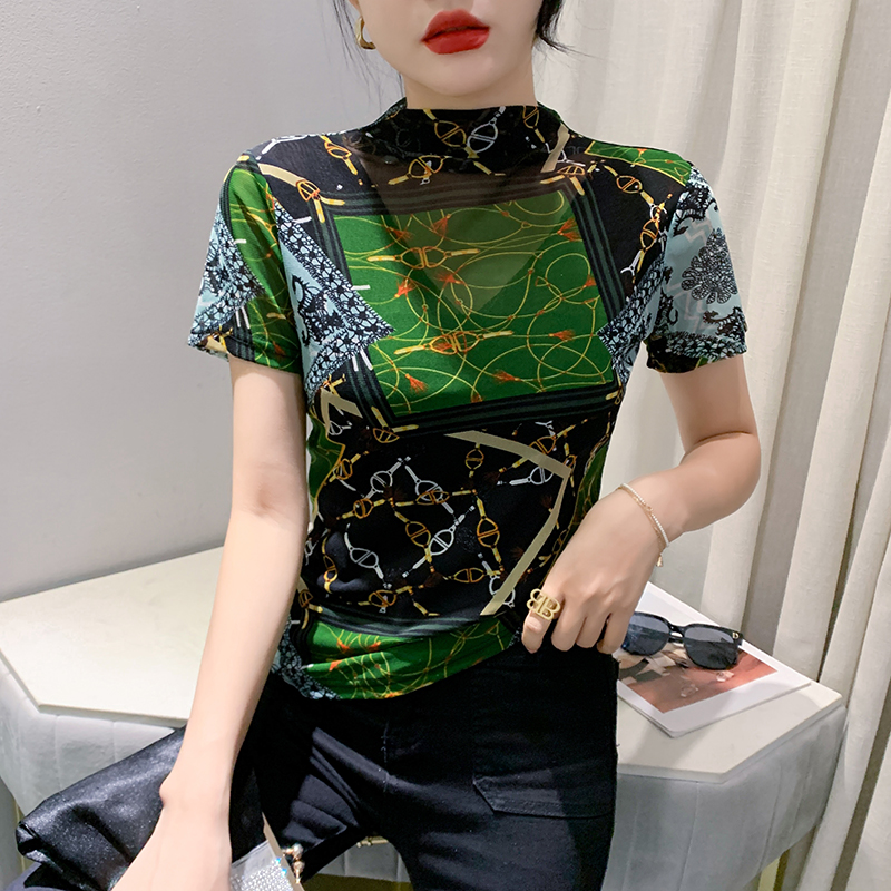 MY17000# 新款时尚半高领网纱印花T恤修身打底衫小衫上衣女女裝貨源服...