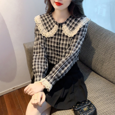 时尚娃娃领格子衬衫女秋2023新款漂亮洋气小衫设计感别致长袖上衣