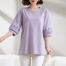 批发妈妈圆领短袖T恤<b class='q'>中年</b>女士宽松遮肚子五分袖洋气时尚大码半袖上衣