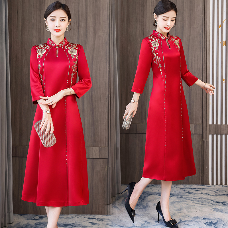 MY70259# 妈妈礼服高贵气质新品高端醋酸喜婆婆婚宴装旗袍领婚宴服女裝...