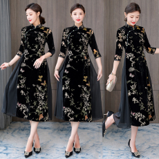 批发2026新中国风淑女金丝绒改良旗袍连衣裙气质大码<b class='q'>妈妈装</b>印花中长裙