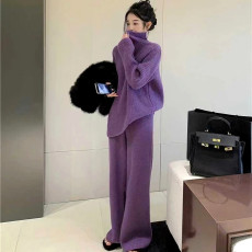 欧货紫色针织休闲运动套装女春秋冬时尚高级感毛衣阔腿裤两件套潮