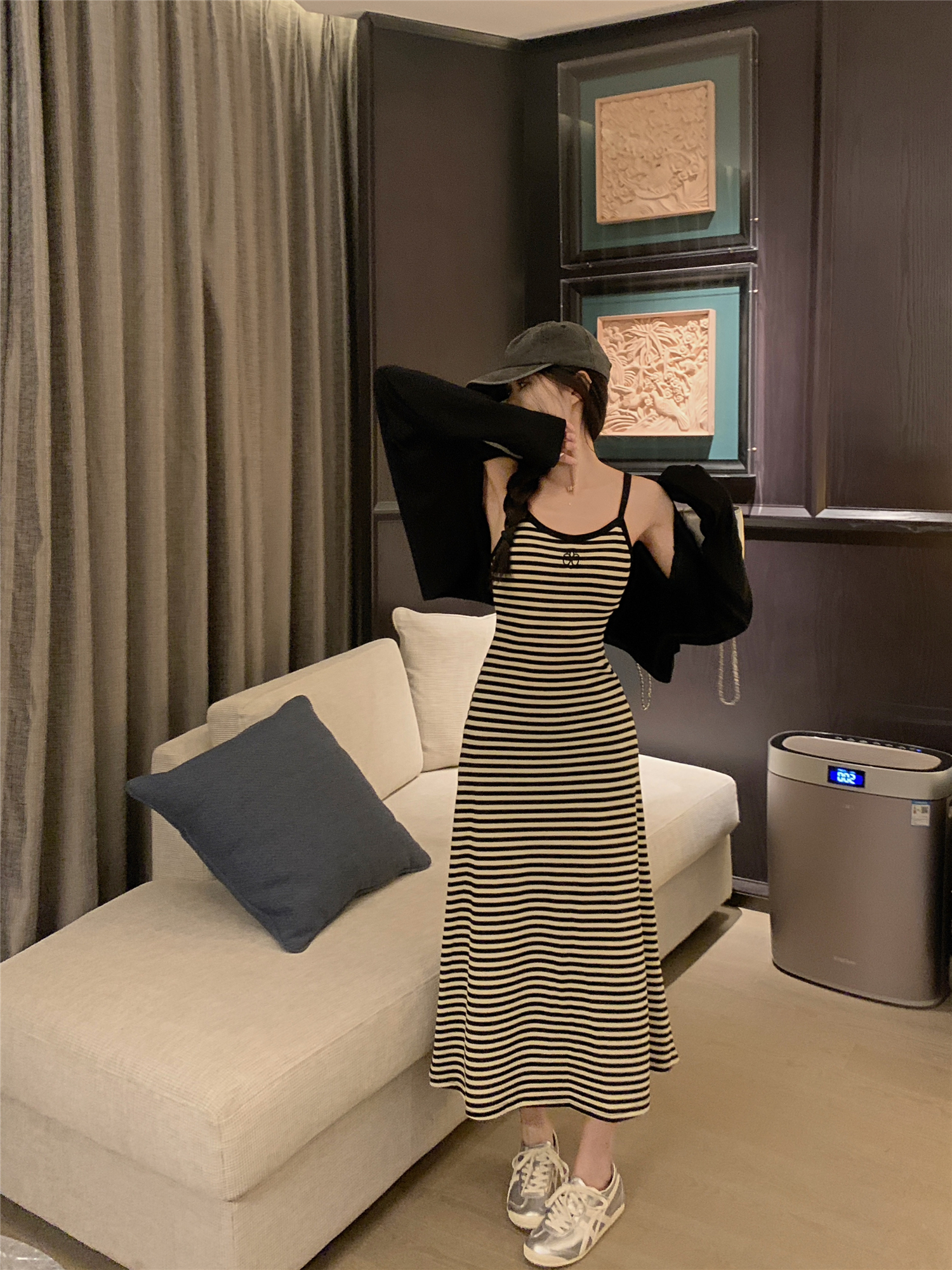 Long-sleeved sun shirt cardigan women's autumn contrast striped suspender skirt mid-length dress two-piece set