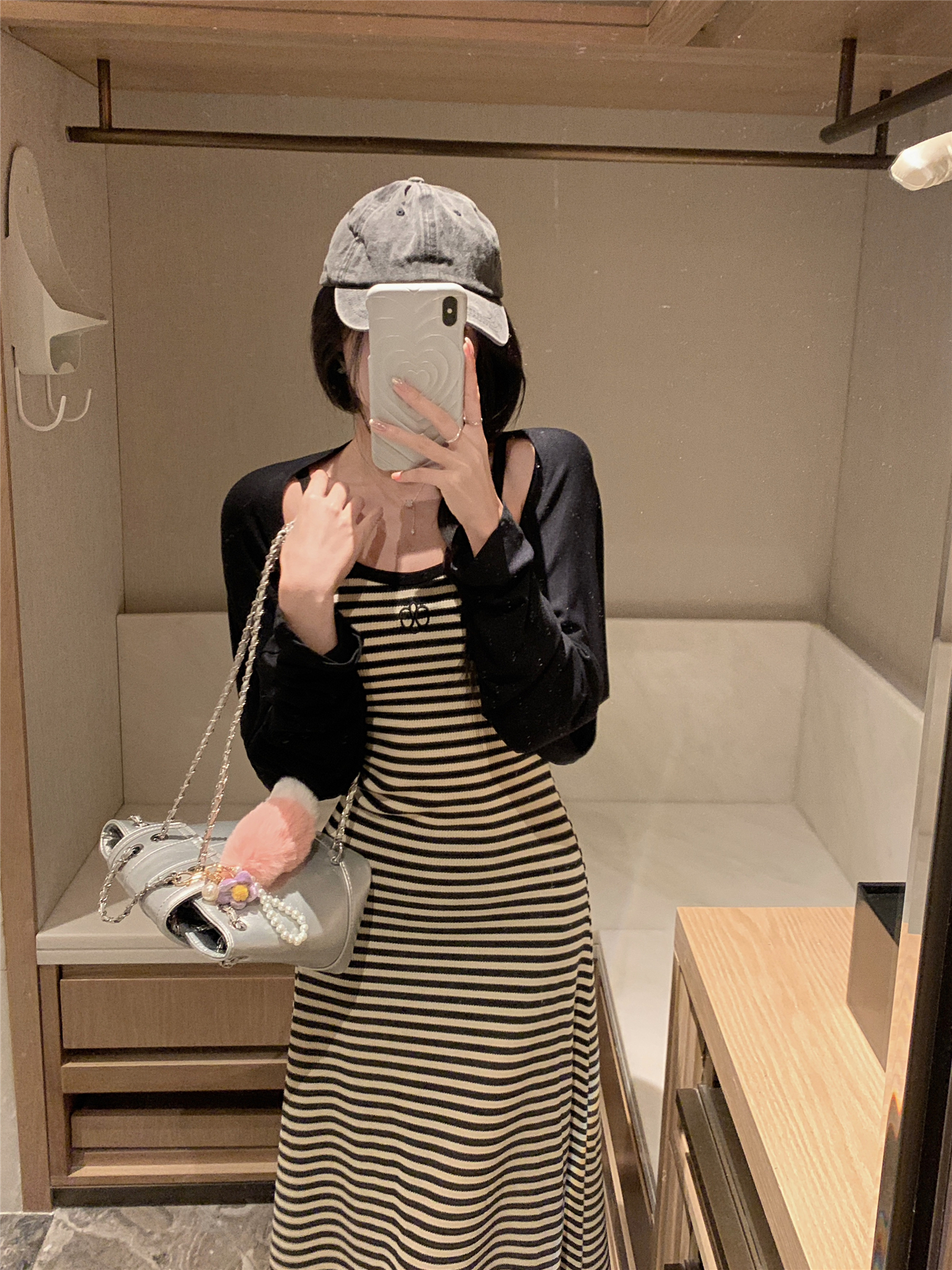 Long-sleeved sun shirt cardigan women's autumn contrast striped suspender skirt mid-length dress two-piece set
