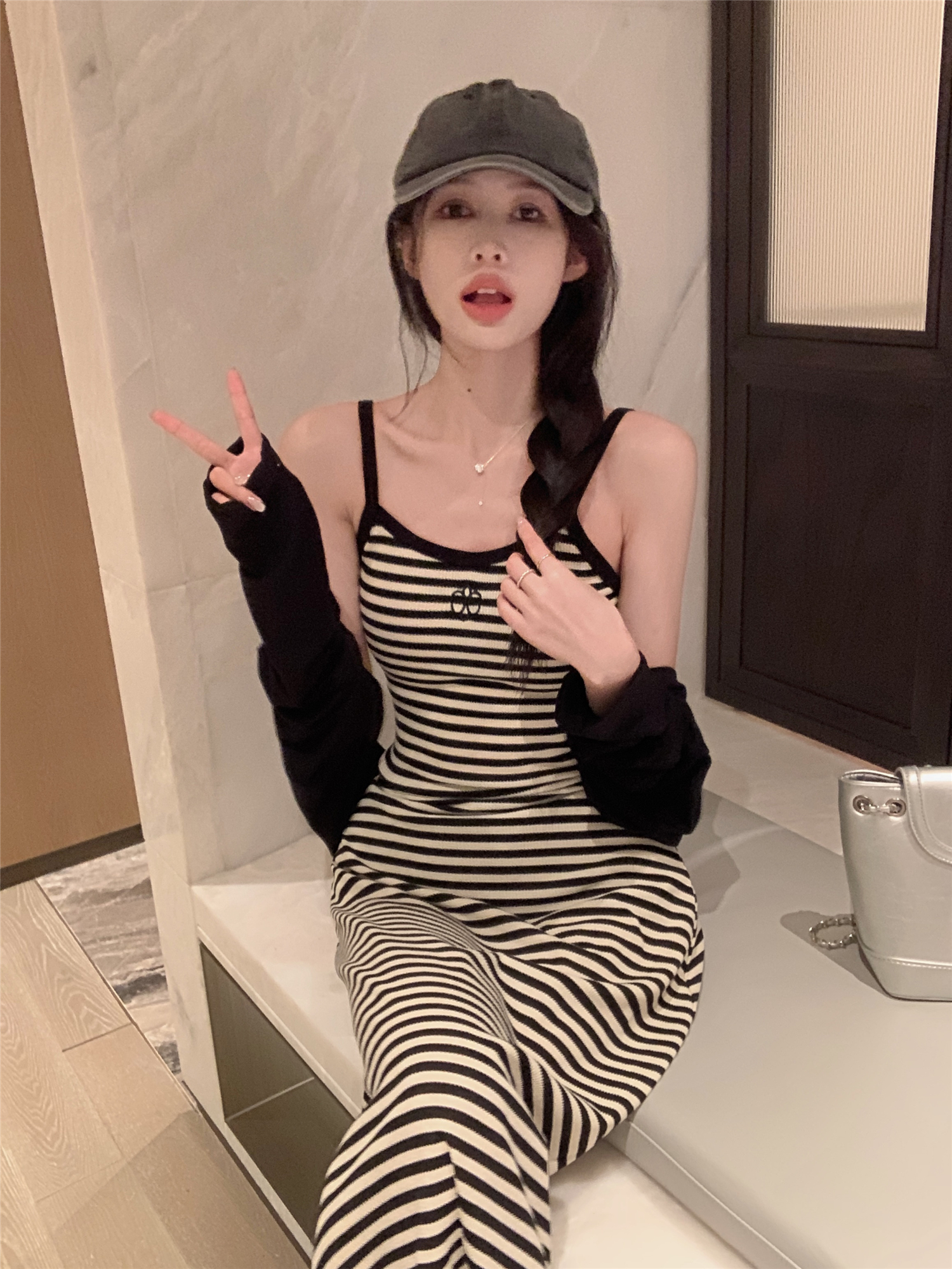 Long-sleeved sun shirt cardigan women's autumn contrast striped suspender skirt mid-length dress two-piece set