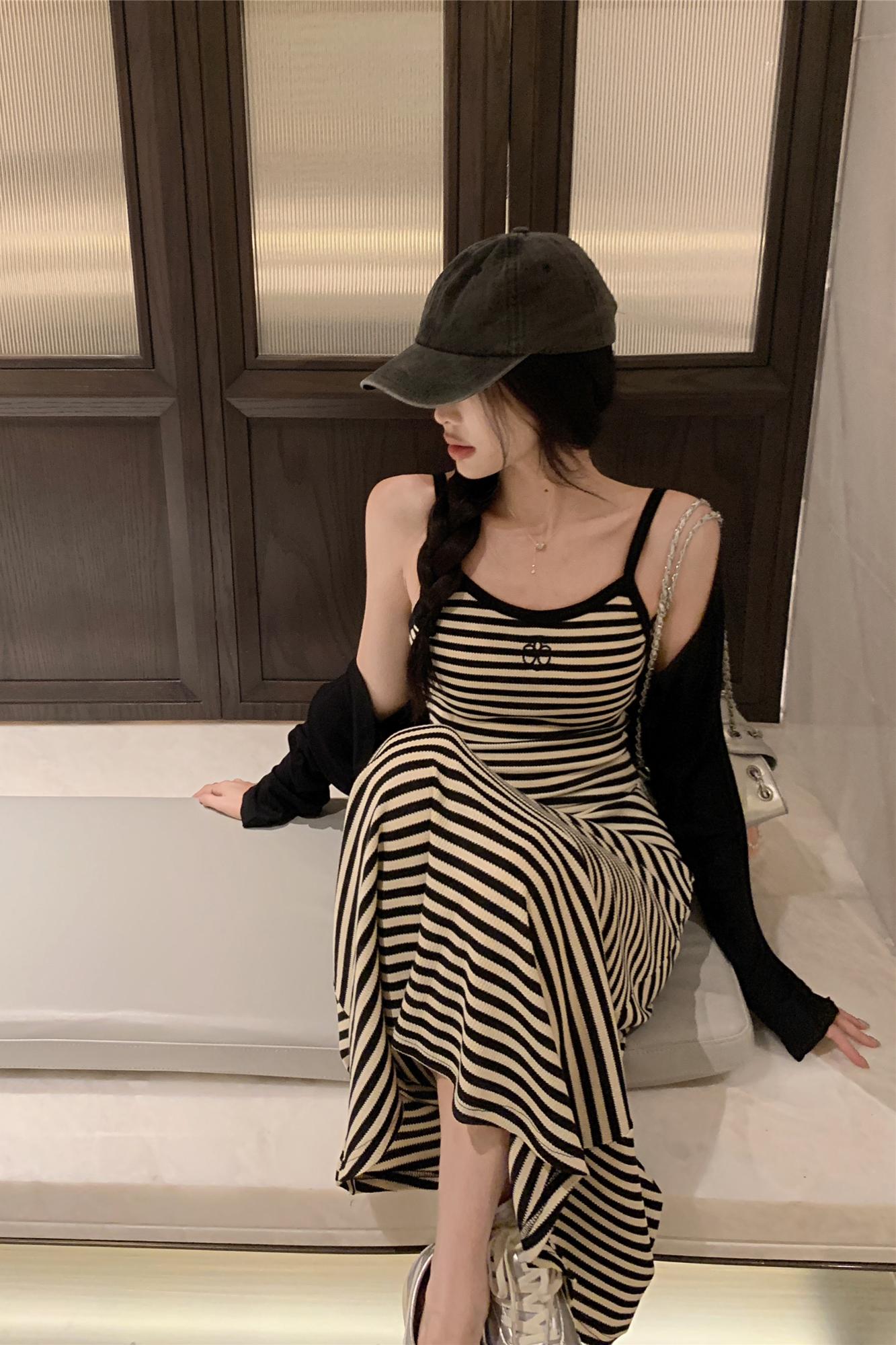 Long-sleeved sun shirt cardigan women's autumn contrast striped suspender skirt mid-length dress two-piece set