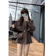 批发学院风西装套装女春秋2025年新款高级感短外套+百褶短裙两件套女