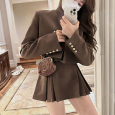 批发学院风西装套装女春秋2025年新款高级感短外套+百褶短裙两件套女