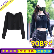 批发baby<b class='q'>杨颖</b>明星<b class='q'>同款</b>春秋季黑色系带修身短款长袖针织衫T恤女