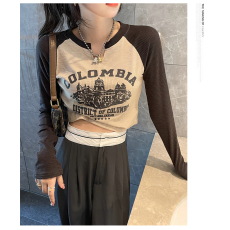 批发外贸长袖<b class='q'>t</b><b class='q'>恤</b>女早春新款内搭打底衫设计感小众美式复古短款上衣