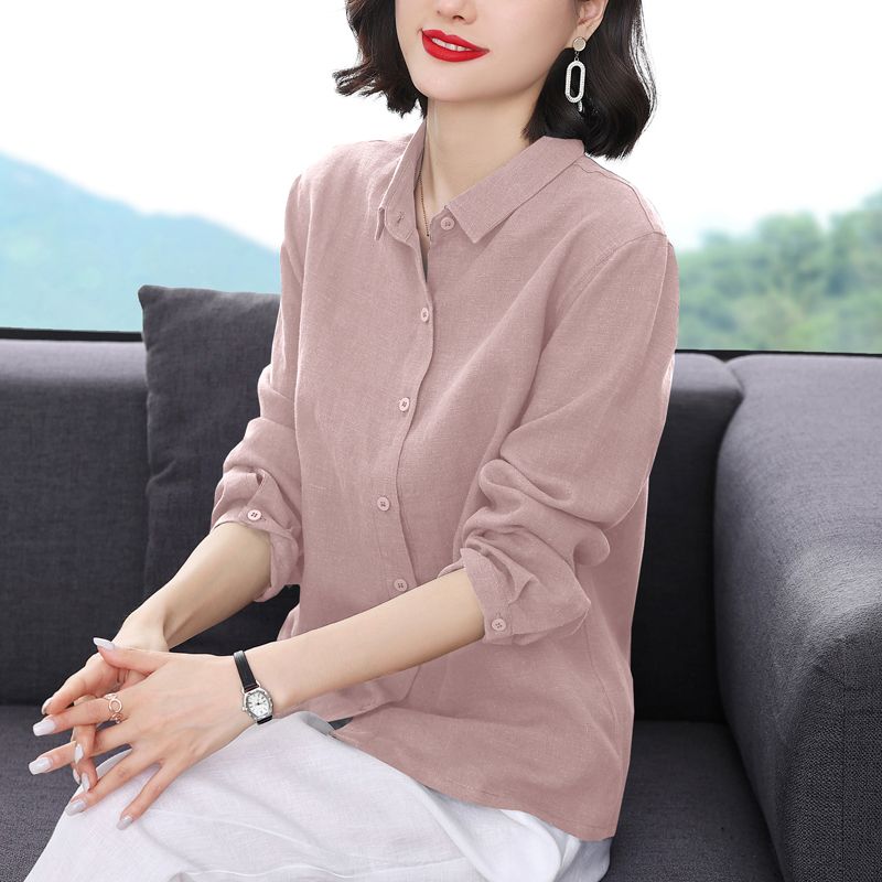 중년 엄마 문예 면 린넨 셔츠 2026 봄 가을 새로운 폴로 칼라 빅 사이즈 루즈핏 표지 배 긴팔 맨위