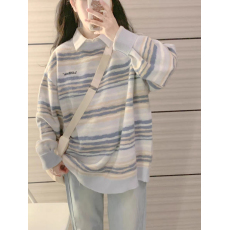 批发条纹毛衣女早秋新款微胖mm减龄小众<b class='q'>长袖</b>针织外穿上衣牛仔裤套装