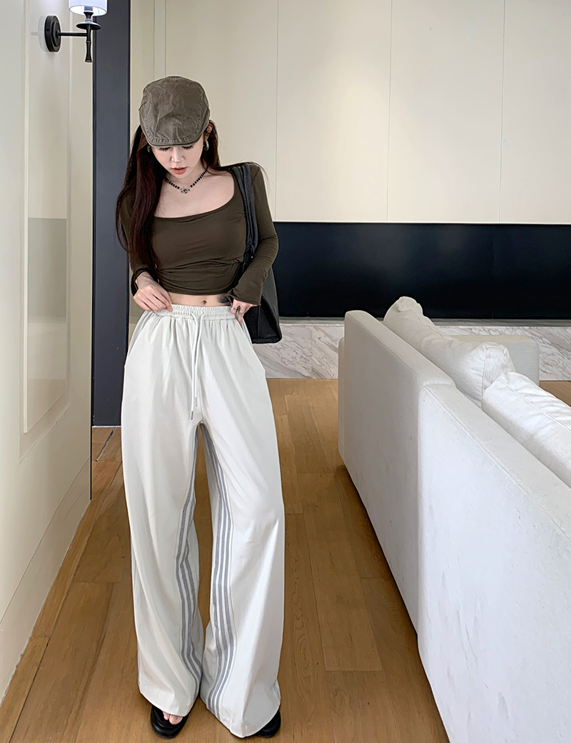 American Retro Loose Striped Casual Pants Women's High Waist Straight Drape Drawstring Floor-Mopping Pants