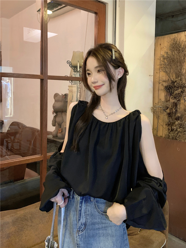 Real shot!  Black slim off-shoulder shirt for women Korean style design shirt niche shoulder top