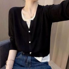 批发假两件V领修身针织开衫女新款<b class='q'>大码</b>女装内搭打底衫上衣