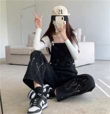 实拍秋装胖mm大码女装胖MM韩版泼墨高腰牛仔裤阔腿裤 S-5XL200斤