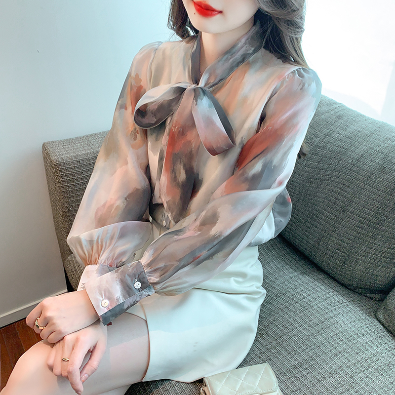 Real shot 2024 spring floral chiffon shirt women's long sleeve 2023 new style temperament fashion top butterfly shirt