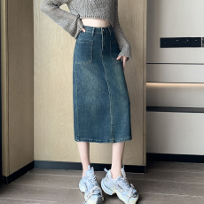 批发高弹力秋冬女士半身裙长裙裙子高腰包臀a字牛仔中长款显瘦