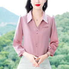 现货2023秋季新款九分袖缎面上衣女士时尚百搭衬衣宽松大码妈妈装