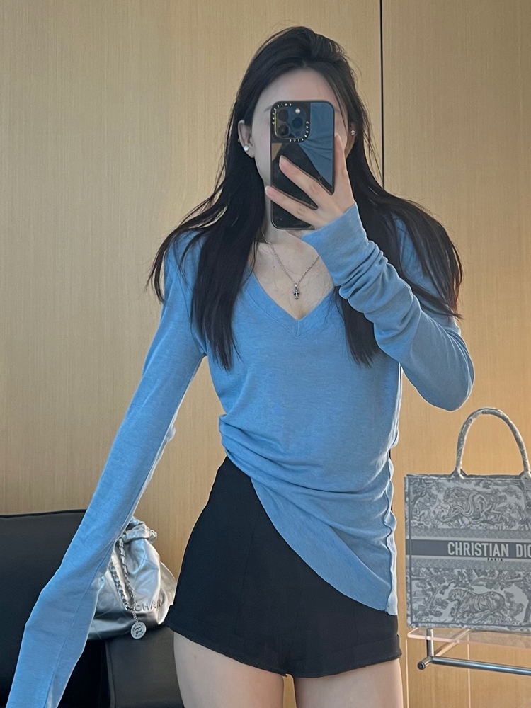 Blue V-neck long-sleeved T-shirt for women in summer, thin, loose, slim, lazy, casual and versatile bottoming top for small people