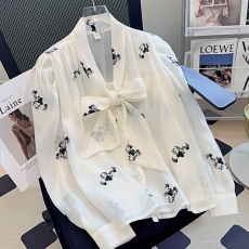 批发2026春秋法式高级感蝴蝶结绑带长袖雪纺衬衫女夏花朵刺绣小众上衣