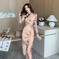 实拍~复古印花年轻款少女改良旗袍性感开叉网纱修身包臀连衣裙女